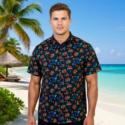 New Y2K Structure SlimFit Men XXL Cotton ButtonUp Shirt ShortSleeve Black Floral - Image 1 of 4