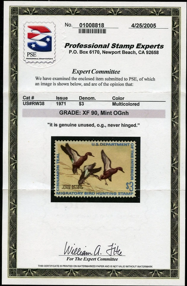 US RW38, 1971 CINNAMON TEALS, WITH 2005 PSE CERTIFICATE, XF 90, (US897K) - Image 1 of 3