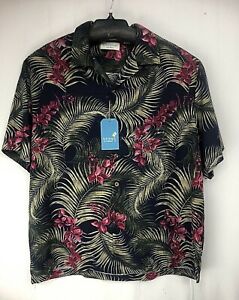 Caribbean Men Shirt XL Button Down Silk Blend Short Sleeve Hawaiian Navy New 