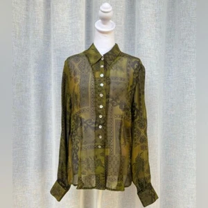Military green and black floral paisley button down sheer silk blouse - Picture 1 of 8