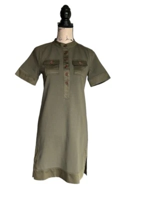 Diane Von Furstenberg Satin Trim Military Shirt Dress Olive Green Size 2 - Изображение 1 из 4