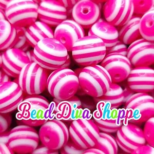 12mm - Set of 10 Beads - HOT PINK STRIPED - Rhinestone Beads - Bubblegum - Diy - - Picture 1 of 1