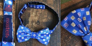 ROOSTER 100% SILK ROYAL BLUE GEOMETRIC PRINT YELLOW PURPLE BOW TIE PRE-TIED EUC - Picture 1 of 6