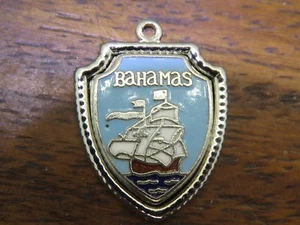 Vintage silver BAHAMAS COUNTRY CARIBBEAN SHIP ENAMEL TRAVEL SHIELD charm 3-41 - Picture 1 of 1