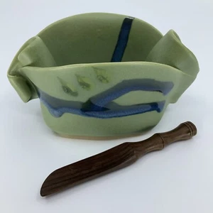Hilborn Kunstkeramik Prise Topf Gewürzschale mit Holzstreuer grün blau signiert - Bild 1 von 9