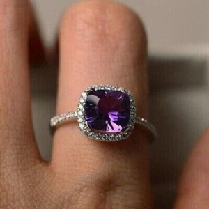 2Ct Cushion Cut Lab Created Amethyst Halo Wedding Ring In 14K White Gold Plated - Picture 1 of 5