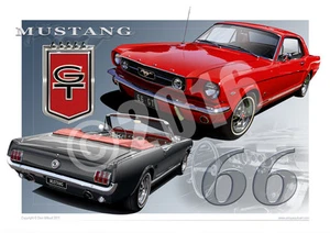 1966 Mustang GT Prints - Classic Ford Pony Car Automotive Drawings - Picture 1 of 8