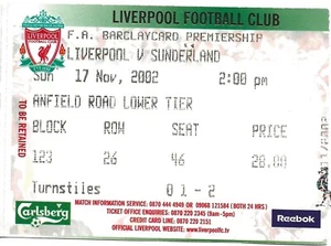 LIVERPOOL V SUNDERLAND ~ PREMIERSHIP MATCH TICKET ~ 17 NOVEMBER 2002 - Picture 1 of 1