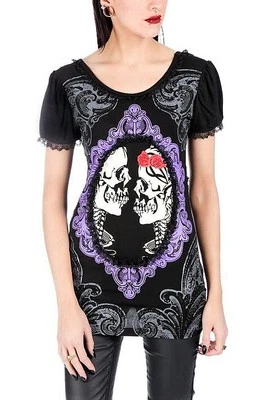 B14 PROHIBIDO Camafeo Calavera Amor Eterno Esqueletos Inmortales Punk Rock Gótico Top Ajustado Foto 1 de 4