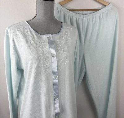 Miss Elaine Me PJ Set Womens Med Soft Brushed Light Blue Embroidered Loungewear - Image 1 of 4