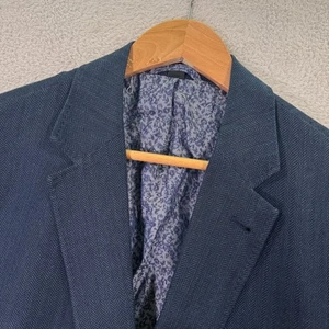 Kroon Blazer Jacket Mens 40L Navy Herringbone Linen Silk Blend Preppy Casual - Picture 1 of 12