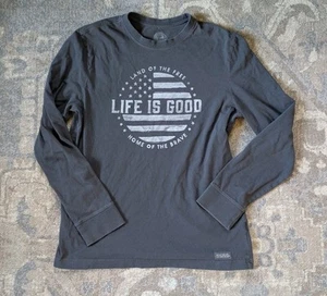 Life Is Good Shirt Men M "Land Of The Free"  Gray Long Sleeve Cotton 4th July  - Picture 1 of 8