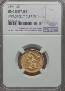 Mezza aquila testa di liberty oro 1894 $5 - NGC UNC dettagli - Foto 1 di 4