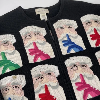 Susan Bristol Christmas Sweater Womens Large Santa Claus Faces Sshhhh Quiet Vtg - Image 1 of 4