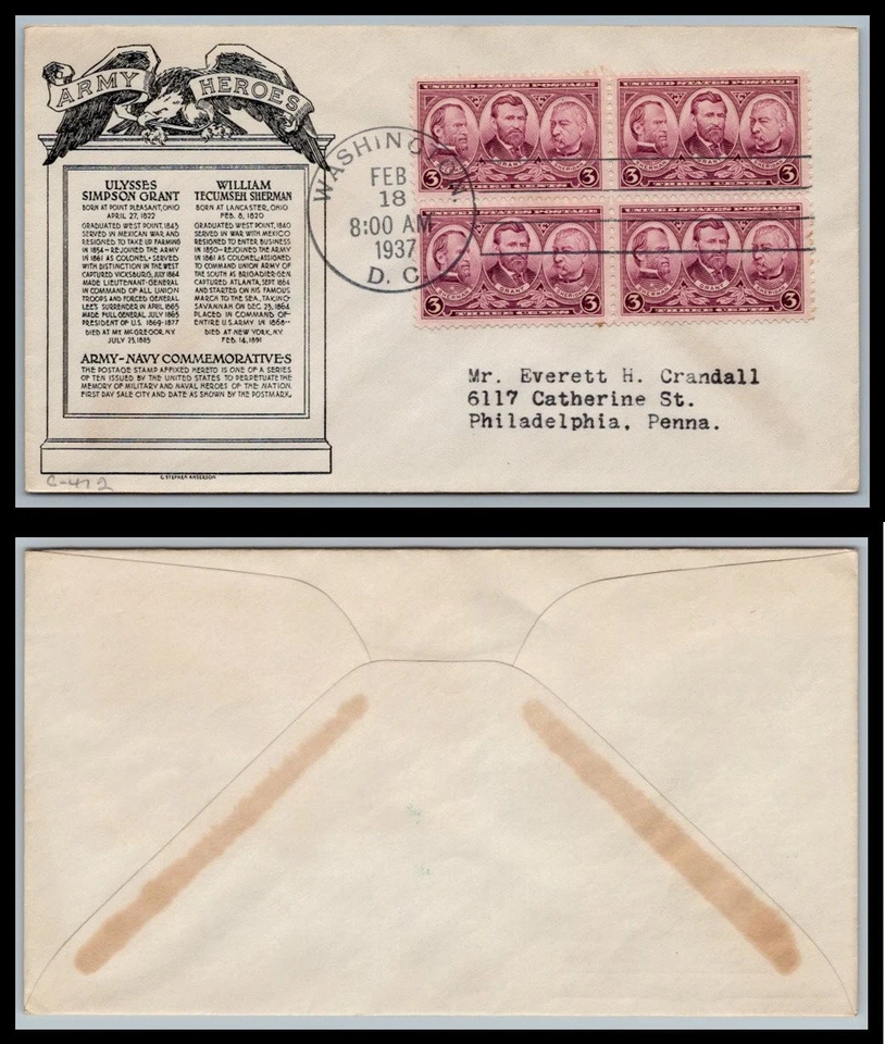 US FDC # 787 3c Army  Anderson block addressed 1936, 9p9671 - Image 1 of 1