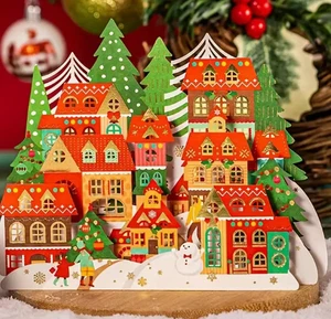 POPUP CARD-Christmas Village Greeting Card with Snowman & Decorated Houses - Picture 1 of 5
