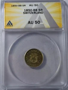1850 SWITZERLAND Billon 5 RAPPEN ANACS AU-50 - Picture 1 of 4