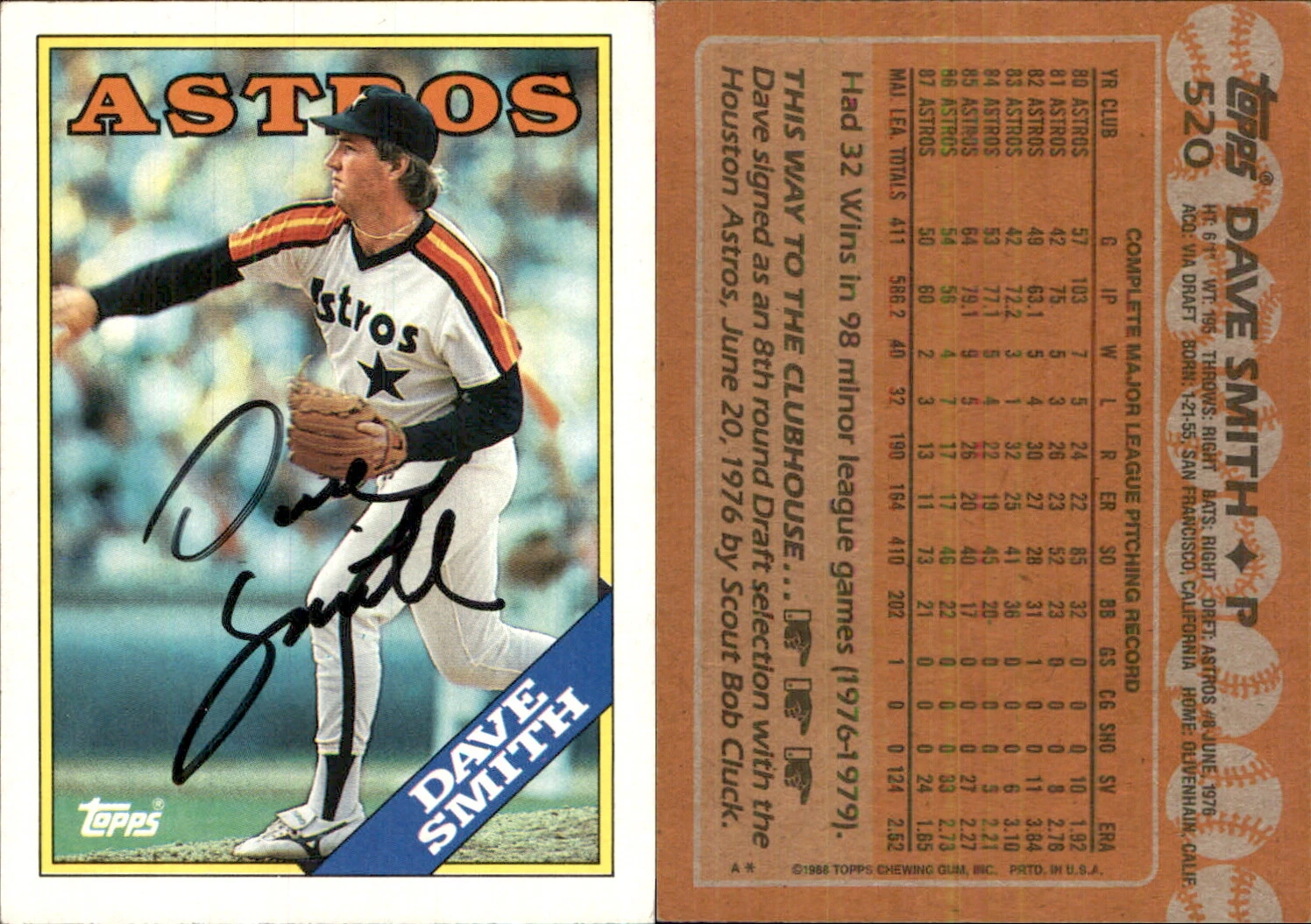 Dave Smith Signed 1988 Topps #520 Card Houston Astros Auto AU