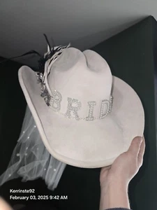 Western White Women Cowboy Pearl Floral Beaded Bride Cowgirl Hat with Veil - Picture 1 of 16