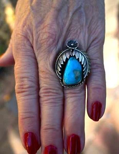 Anello grande Navajo misura 5 3/4 Jason Livingston sterling e turchese 11,5 grammi - Foto 1 di 9