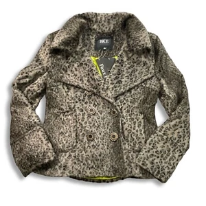 BKE Jacket Womens L Peacoat Double Breasted Gray Faux Fur Animal Print Cheetah - Bild 1 von 11