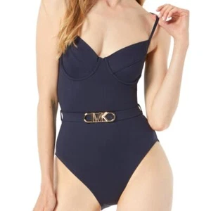 Michael Kors Women's Underwire Logo-Belt One-Piece Swimsuit 8, Navy - Picture 1 of 12