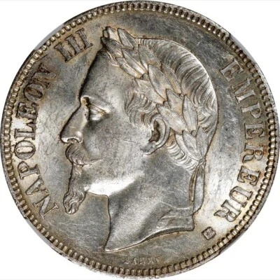 1868 BB France 5 Francs. NGC AU 58. KM-799.2 - Image 1 of 4