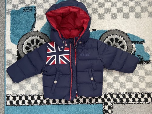 Cappotto di design blu navy Moschino bambini taglia 6 9 M bandiera GB