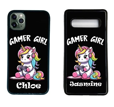 Personalised Gamer girl Phone Case name for Samsung S A iPhone TPU Rubber sided - Image 1 of 3