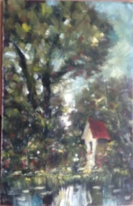 OIL PAINTING WAYSIDE CROSS IMPRESSIONIST MINIATURE ° GIRL ANTIQUE UNSIGNED/ - Picture 1 of 3