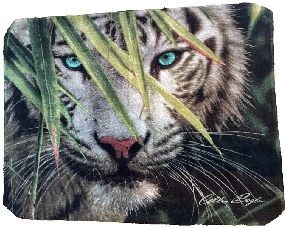 White Tiger Bamboo Plush Blanket Tapestry-Look Signed Collin Bogle 61x46 Art Cat - Image 1 of 4