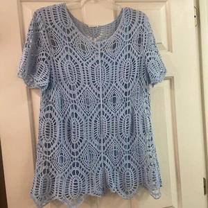 Tunic Top Blue Embroidery Crochet Lace Sleeves Round Neck Womens XL - Picture 1 of 5