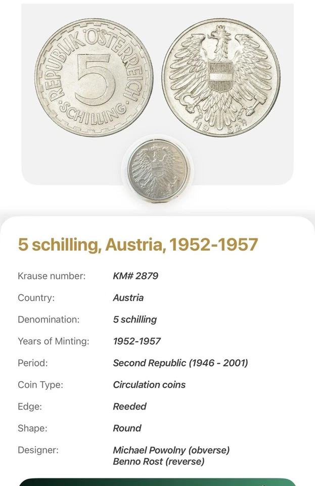 Austria Aluminum 1952 5 Schilling 31 mm UNC KM# 2879  (27 265) - Image 1 of 1