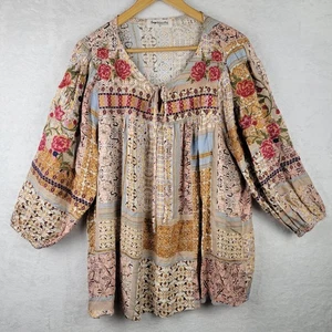 Bohemian 1X Tunic Top Tie Keyhole 3/4 Elastic Sleeve Colorful Embroidery Floral - Picture 1 of 7