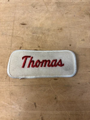 Vtg 70s THOMAS Sew On Embroidered Clothing Jacket Uniform Name Patch RED & WHITE - Image 1 of 3