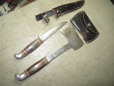 conjunto de faca de caça e machado de lâmina fixa vintage bom conjunto de usuário fabricante desconhecido - Imagem 1 de 4
