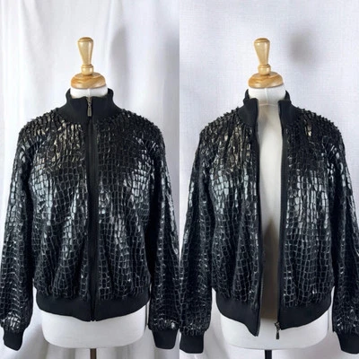 Abrigo Chaqueta Bombardero Negro Imitación Piel Cocodrilo Cremallera Años 90 Chic Aspecto Húmedo De Colección Años 90 12 Foto 1 de 4