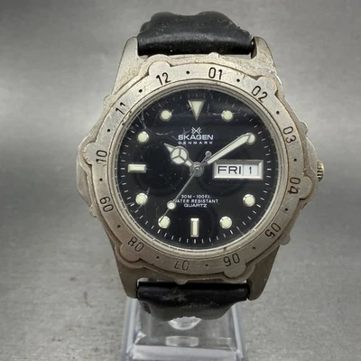 Relógio de mergulho Skagen masculino 37 mm mostrador preto tom prata data do dia redondo nova bateria - Imagem 1 de 4