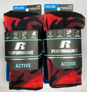 NWT Russell Performance Active Crew Sock Boy's Small (6 Pairs) Red Camo Blue - Picture 1 of 3