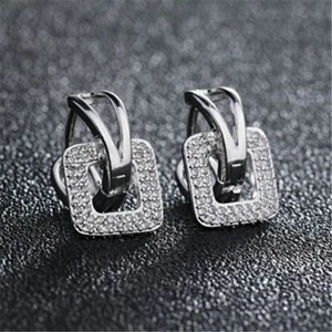 925 Sterling Silver Crystal Square Stud Earring Clip On Earrings Womens Jewelry - Picture 1 of 14