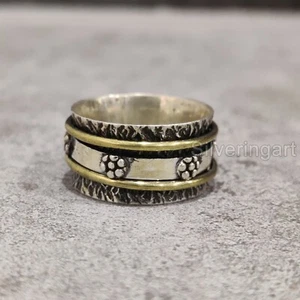 OXIDIZED SPINNER BAND 925 STERLING SILVER RING CHRISTMAS WOMENS 2 TONE GIFT RING - Picture 1 of 5