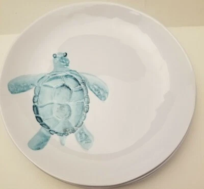 4 SIGRID OLSEN Aqua Teal SEA TURTLE Dinner Plates MELAMINE Watercolor Ocean