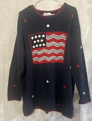 VINTAGE The Quacker Factory Sweater Women 2X Plus Blue US American Flag Pullover - Image 1 of 4