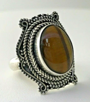 Anillo llamativo cabujón ovalado ojo de tigre en plata de ley talla 6 #7 Foto 1 de 4