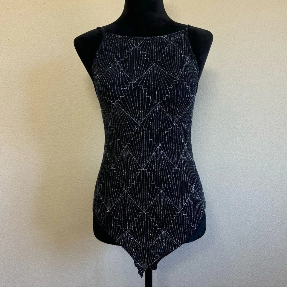 NWT divided top women small sheer glittery tank top bodysuit one piece black - Image 1 of 4
