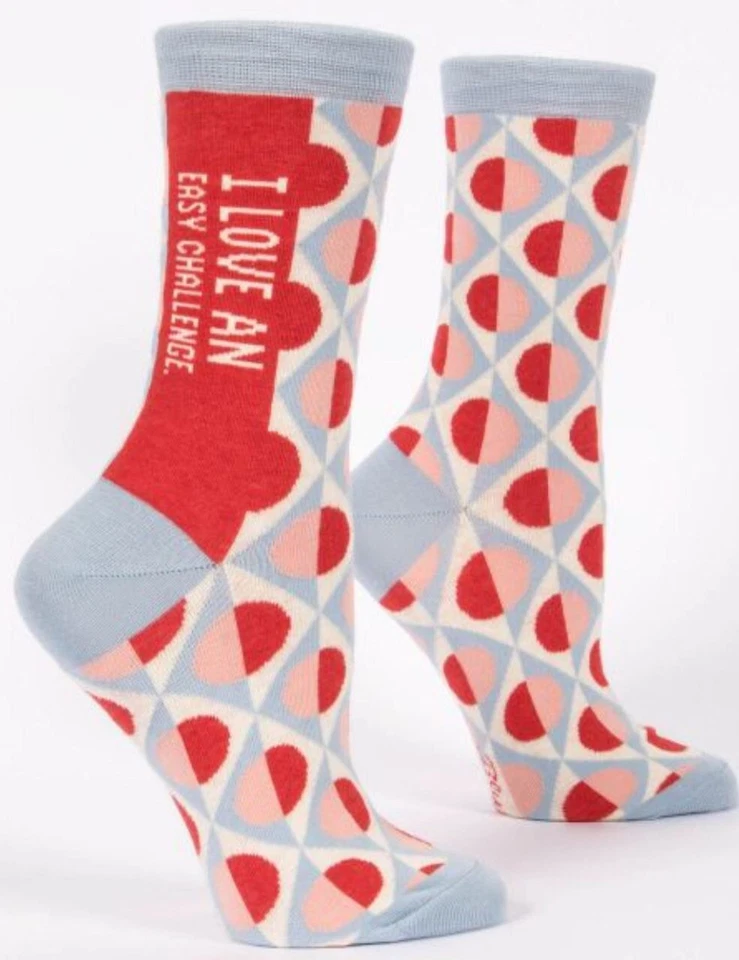 Blue Q Womens Crew Socks I Love An Easy Challenge Size 5-10 Pink Gray Red - Image 1 of 1
