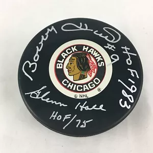 Bobby Hull Glenn Hall HOF Signed Autographed Chicago Blackhawks Hockey Puck COA - Picture 1 of 1