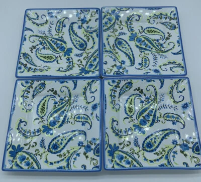 Cynthia Rowley 4 Platos de Cóctel Cuadrados Azul Paisley Relish Pan Postre Regalo Foto 1 de 4