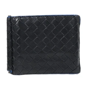 BOTTEGA VENETA Logo Intrecciato Bifold Compact Wallet Leather Black Blue 08EC202 - Picture 1 of 16