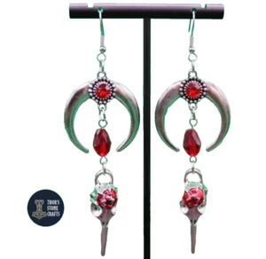 Gothic Raven Skull Earrings – Crescent Moon Red Crystal Dangle – Tibetan Silver - Picture 1 of 6